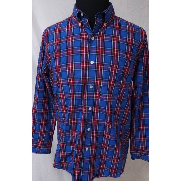 Chaps Easy Care Mens Medium Blue Red Plaid Long Sleeve Button Down Logo Shirt - Picture 1 of 11